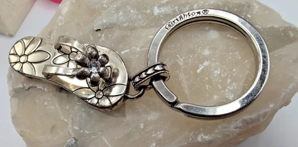 Brighton Silver Tone Flip Flop Sandal Keychain Floral Charm Crystal Accent wear
